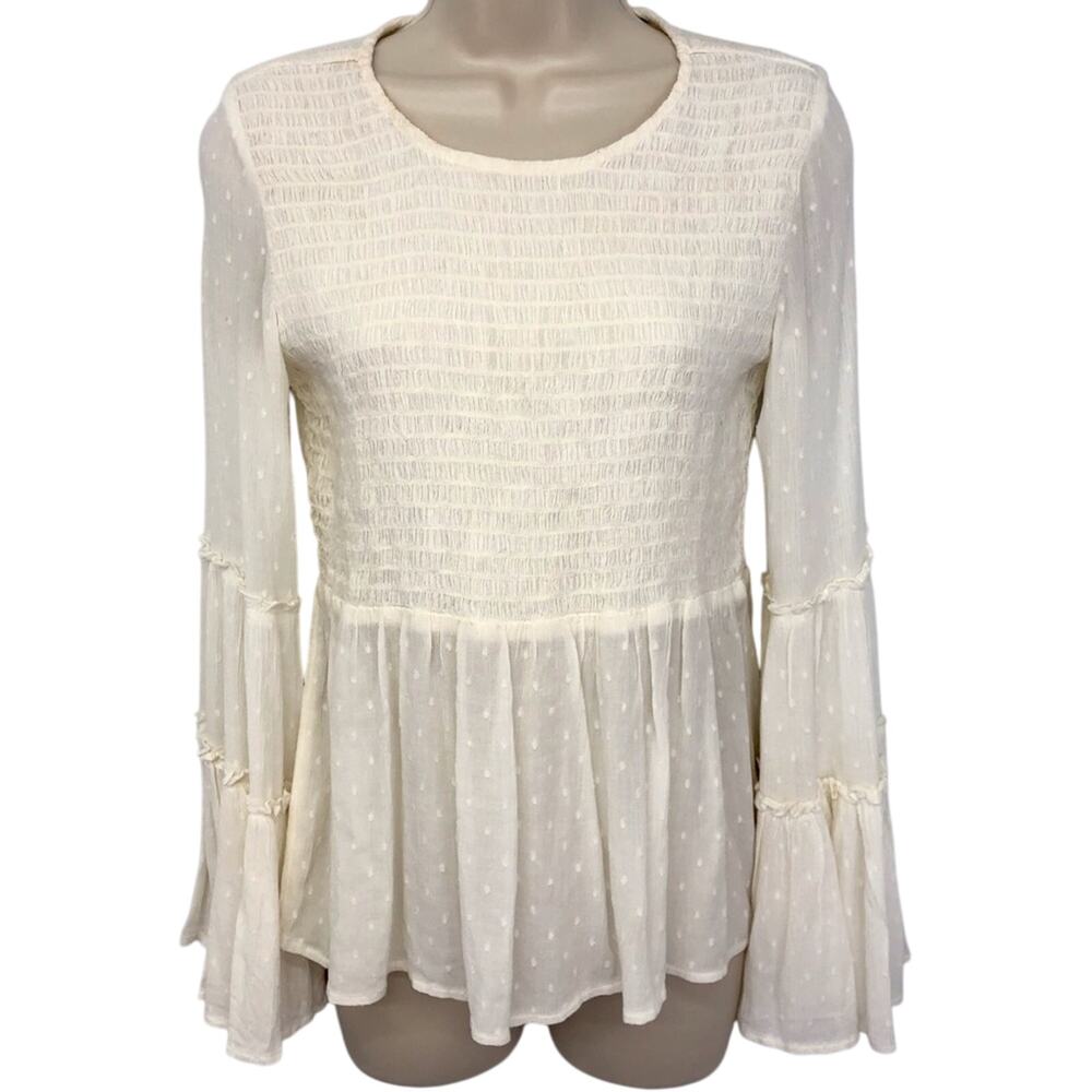 American Eagle Ivory Smocked Top Bell Sleeves Boho inspired Gauzy Dotted Swiss - Picture 16 of 16